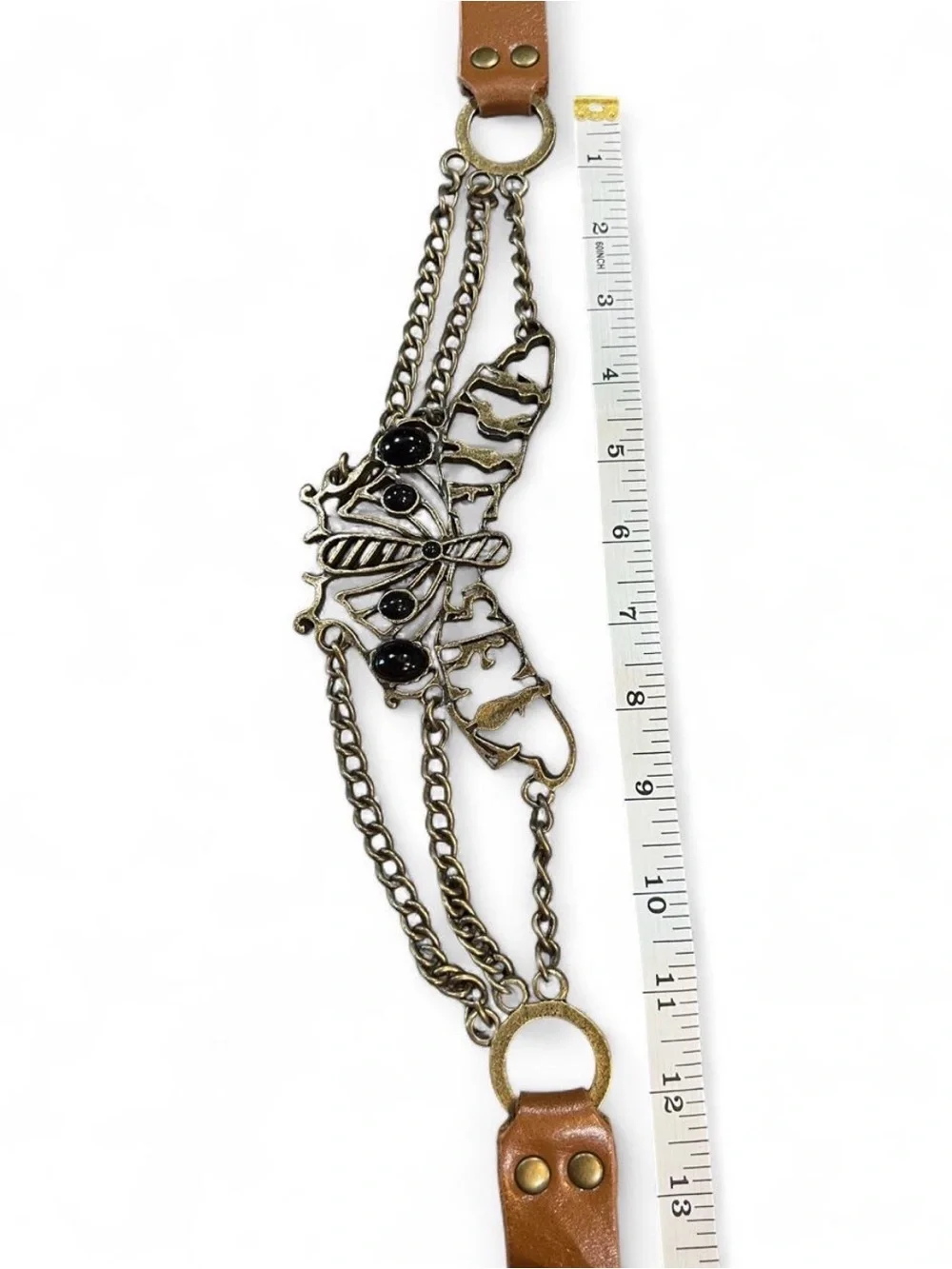 VTG Archival Diesel Y2K Butterfly Chain Belt Brass Typography Gem Gothic Grunge